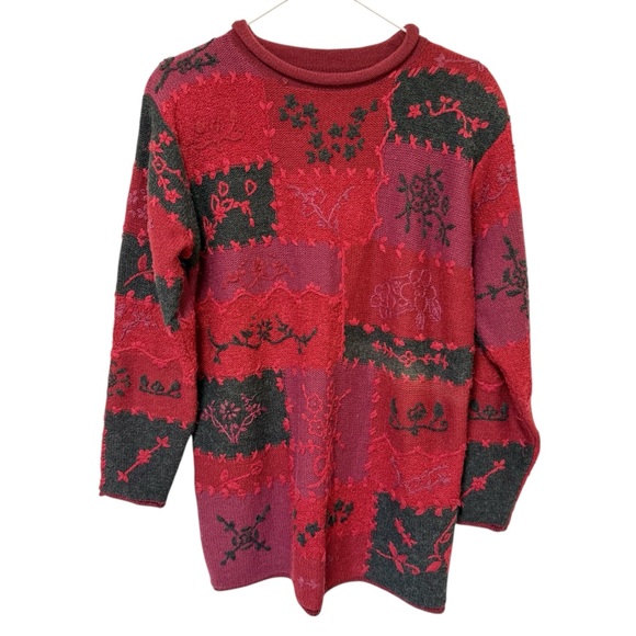 Sweaters - Vintage 90s Womens Floral Patchwork Sweater XL Boho Indie Embroidered Grandma